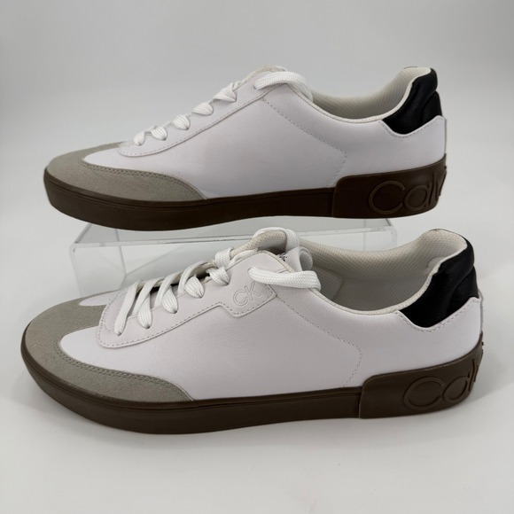 Calvin Klein Mens White Leather Suede Low Top Sneakers Brown Sole Size 10.5 - Picture 3 of 6